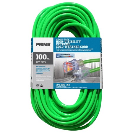 Prime Wire & Cable Prime Neon Flex Outdoor 100 ft. L Hi Vis Green Extension Cord 12/3 SJTW NS512835